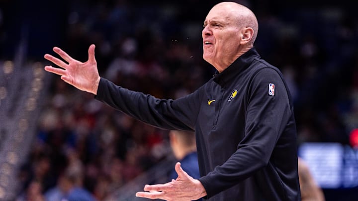 Dec 20, 2025; New Orleans, Louisiana, USA;  Indiana Pacers Head Coach Rick Carlisle reacts to a play against the New Orleans Pelicans during the second half at Smoothie King Center. Mandatory Credit: Stephen Lew-Imagn Images