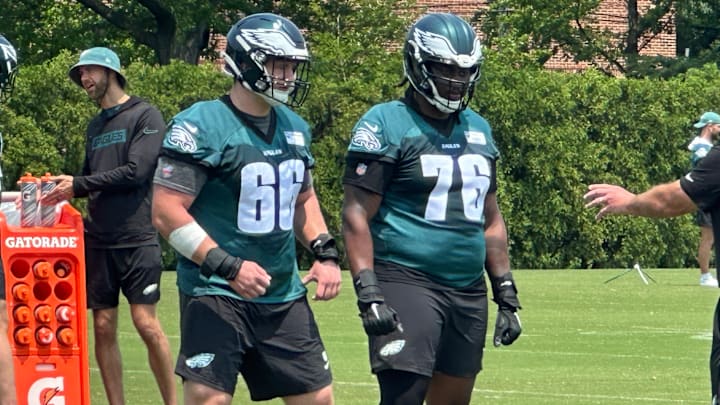 Eagles linemen Drew Kendall (left) and Kenyon Green work a drill during Eagles OTA. Eagles linemen Drew Kendall (left) and Kenyon Green work a drill during Eagles OTA.