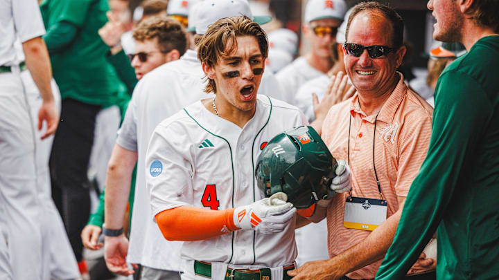 Miami's Jake Ogden After hitting home run in Super Regionals to give the Hurricanes a lead. 