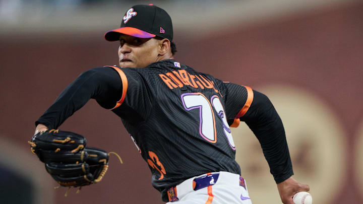 May 20, 2025; San Francisco, California, USA; San Francisco Giants pitcher Randy Rodriguez (73) throws a pitch against the Kansas City Royals during the sixth inning at Oracle Park.