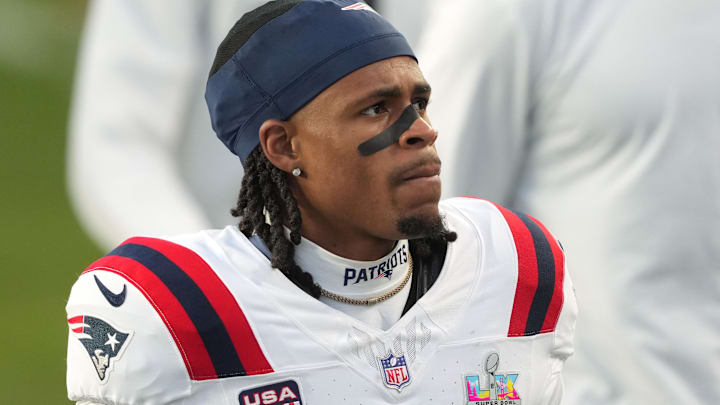 Feb 8, 2026; Santa Clara, CA, USA; New England Patriots wide receiver DeMario Douglas (3) during halftime against the Seattle Seahawks in Super Bowl LX at Levi's Stadium. Feb 8, 2026; Santa Clara, CA, USA; New England Patriots wide receiver DeMario Douglas (3) during halftime against the Seattle Seahawks in Super Bowl LX at Levi's Stadium.