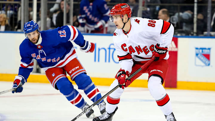 Jan 2, 2024; New York, New York, USA; Carolina Hurricanes center Martin Necas (88) and New York