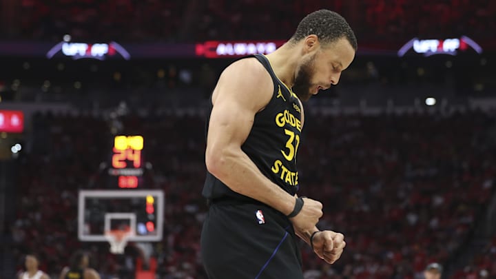 May 4, 2025; Houston, Texas, USA; Golden State Warriors guard Stephen Curry (30) reacts after a play during game seven of the first round for the 2025 NBA Playoffs against the Houston Rockets at Toyota Center.