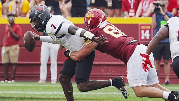 Iowa State defensive end Isaac Terrell (88) sacks Southeast Missouri quarterback Braylen Ragland (7) during the second quarter in the week one NCAA football at Jack Trice Stadium on Sept. 5, 2026, in Ames, Iowa. Iowa State defensive end Isaac Terrell (88) sacks Southeast Missouri quarterback Braylen Ragland (7) during the second quarter in the week one NCAA football at Jack Trice Stadium on Sept. 5, 2026, in Ames, Iowa.