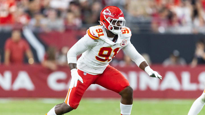 Aug 9, 2025; Glendale, Arizona, USA; Kansas City Chiefs defensive end Felix Anudike-Uzomah (91) against the Arizona Cardinals during a preseason NFL game at State Farm Stadium. Mandatory Credit: Mark J. Rebilas-Imagn Images