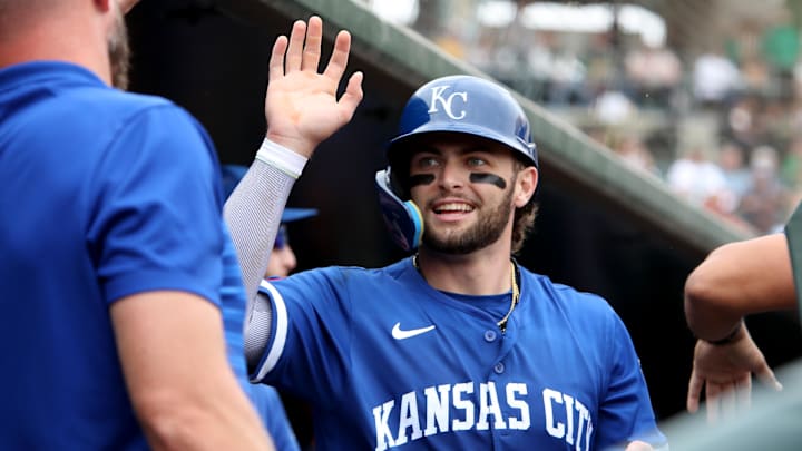 Sep 28, 2025; West Sacramento, California, USA; Kansas City Royals catcher Carter Jensen (22) is congratulated by teammates after scoring a run against the Athletics during the fifth inning at Sutter Health Park. Mandatory Credit: Dennis Lee-Imagn Images
