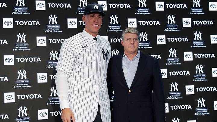 Dec 21, 2022; Bronx, New York, USA; Aaron Judge poses with Hal Steinbrenner during a press conference after being named captain at Yankee Stadium. Mandatory Credit: Jessica Alcheh-USA TODAY Sports