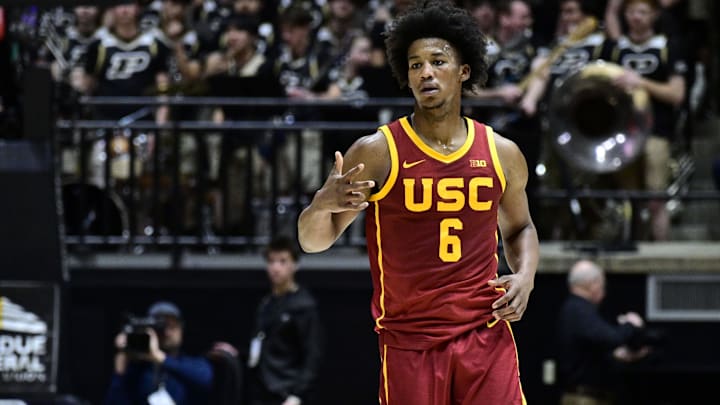 Feb 7, 2025; West Lafayette, Indiana, USA; USC Trojans guard Wesley Yates III (6) celebrates a three pointer during the first half against the Purdue Boilermakers at Mackey Arena. Mandatory Credit: Marc Lebryk-Imagn Images Feb 7, 2025; West Lafayette, Indiana, USA; USC Trojans guard Wesley Yates III (6) celebrates a three pointer during the first half against the Purdue Boilermakers at Mackey Arena. Mandatory Credit: Marc Lebryk-Imagn Images