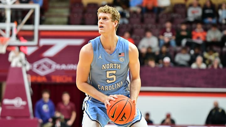 Mar 4, 2025; Blacksburg, Virginia, USA;  North Carolina Tar Heels guard Cade Tyson (5) looks to shoot the ball during the second half against Virginia Tech Hokies at Cassell Coliseum. Mandatory Credit: Brian Bishop-Imagn Images