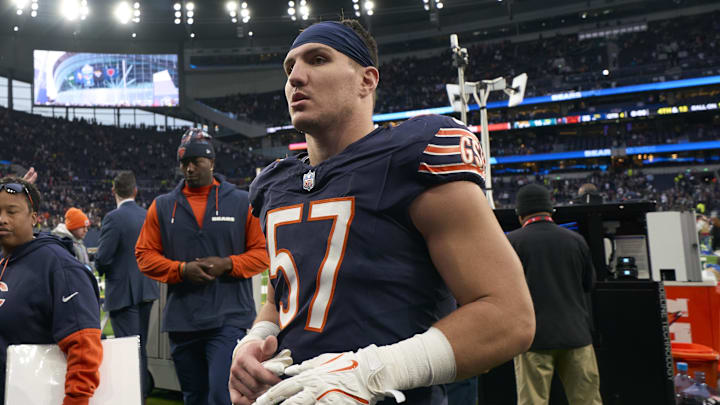 Former Chicago Bears linebacker Jack Sanborn (57) after an NFL International Series game at Tottenham Hotspur Stadium. 
