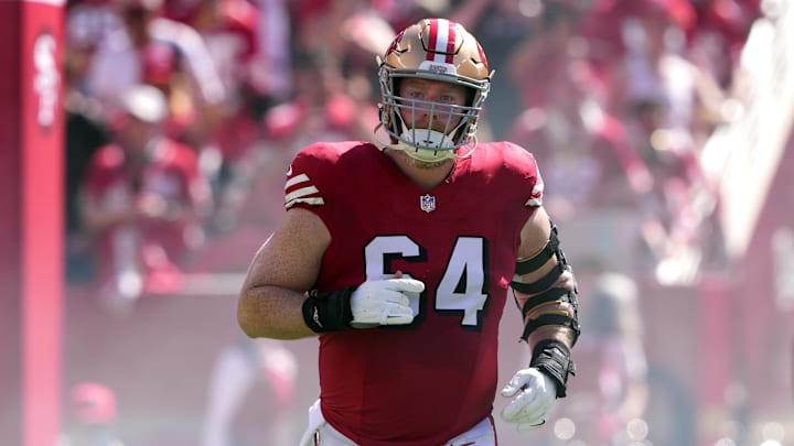 Oct 6, 2024; Santa Clara, California, USA; San Francisco 49ers center Jake Brendel (64) is introduced before the game against the Arizona Cardinals at Levi's Stadium. Mandatory Credit: Darren Yamashita-Imagn Images Oct 6, 2024; Santa Clara, California, USA; San Francisco 49ers center Jake Brendel (64) is introduced before the game against the Arizona Cardinals at Levi's Stadium. Mandatory Credit: Darren Yamashita-Imagn Images