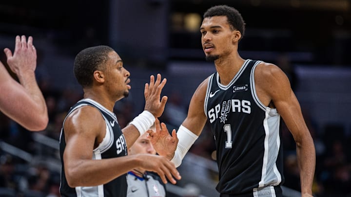 Oct 13, 2025; Indianapolis, Indiana, USA; San Antonio Spurs forward/guard Keldon Johnson (3) and forward/center Victor Wembanyama (1) celebrate a made basket in the second half against the Indiana Pacers at Gainbridge Fieldhouse. Oct 13, 2025; Indianapolis, Indiana, USA; San Antonio Spurs forward/guard Keldon Johnson (3) and forward/center Victor Wembanyama (1) celebrate a made basket in the second half against the Indiana Pacers at Gainbridge Fieldhouse.