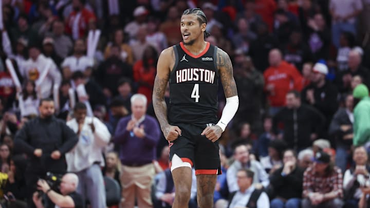 Jan 13, 2025; Houston, Texas, USA; Houston Rockets guard Jalen Green (4) reacts after a play during the second half against the Memphis Grizzlies at Toyota Center. Mandatory Credit: Troy Taormina-Imagn Images Jan 13, 2025; Houston, Texas, USA; Houston Rockets guard Jalen Green (4) reacts after a play during the second half against the Memphis Grizzlies at Toyota Center. Mandatory Credit: Troy Taormina-Imagn Images