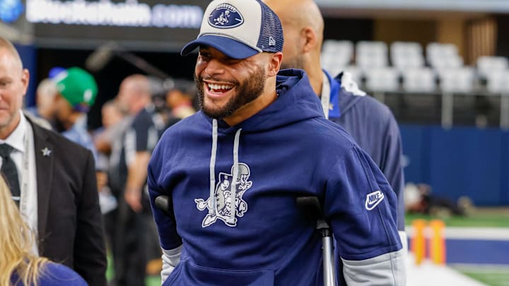 Injured Dallas Cowboys quarterback Dak Prescott (4) speaks with fans prior to the game against the New York Giants.
