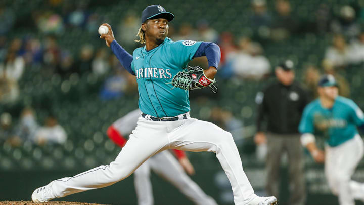 Seattle Mariners reliever Rafael Montero throws against the Los Angeles Angels on April 20, 2021, at T-Mobile Park. Seattle Mariners reliever Rafael Montero throws against the Los Angeles Angels on April 20, 2021, at T-Mobile Park.