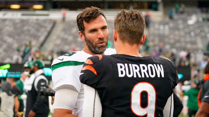 New York Jets quarterback Joe Flacco (19) and Cincinnati Bengals quarterback Joe Burrow (9) talk after the game. The Bengals defeat the Jets, 27-12, at MetLife Stadium on Sunday, Sept. 25, 2022.

Nfl Jets Vs Cincinnati Bengals Bengals At Jets