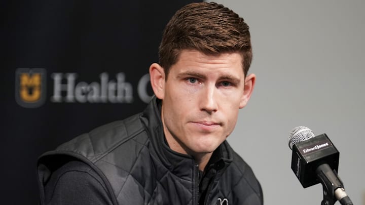 Jan 7, 2023; Columbia, Missouri, USA; Missouri Tigers football team new offensive coordinator/quarterbacks coach Kirby Moore answers questions from reporters before the basketball game against the Vanderbilt Commodores Mizzou Arena. Mandatory Credit: Denny Medley-Imagn Images