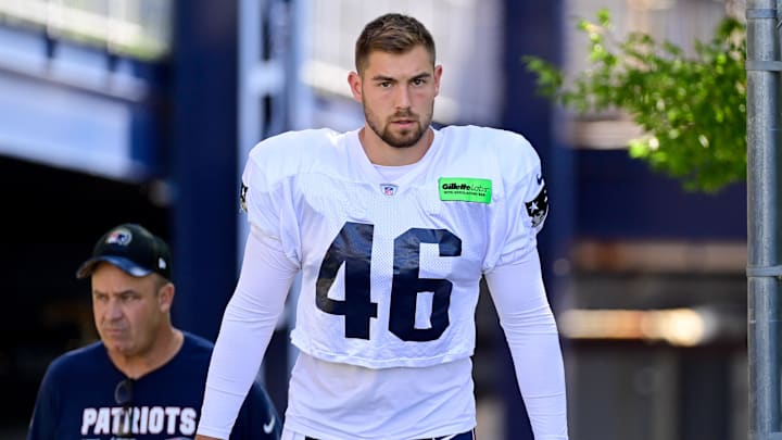 New England Patriots long snapper Tucker Addington (46) heads to the practice fields at Gillette Stadium during the 2023 season.