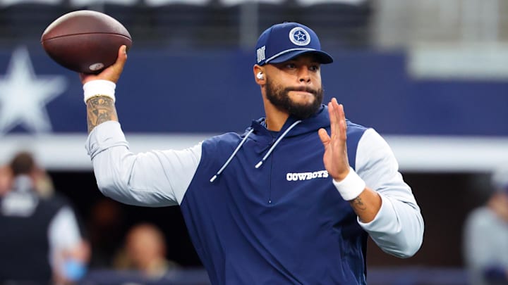Sep 15, 2024; Arlington, Texas, USA;  Dallas Cowboys quarterback Dak Prescott (4) warms up before the game against the New Orleans Saints at AT&T Stadium. Mandatory Credit: Kevin Jairaj-Imagn Images