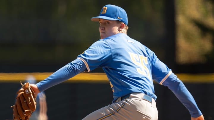UCLA pitcher Michael Barnett throws against Oregon during the first inning at PK Park in Eugene April 19, 2025 UCLA pitcher Michael Barnett throws against Oregon during the first inning at PK Park in Eugene April 19, 2025