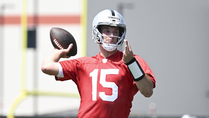 May 2, 2026; Henderson, NV, USA;  Las Vegas Raiders quarterback Fernando Mendoza (15) runs through a drill during a Rookie Minicamp at Intermountain Health Performance Center. Mandatory Credit: Candice Ward-Imagn Images