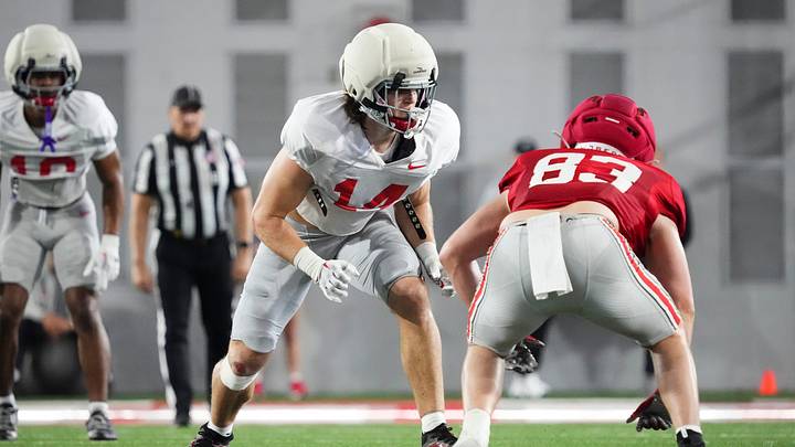 Ohio State Buckeyes linebacker Christian Alliegro (14) lines up across from tight end Nate Roberts (83) during Student Appreciation Day spring practice at the Woody Hayes Athletic Center on April 4, 2026. Ohio State Buckeyes linebacker Christian Alliegro (14) lines up across from tight end Nate Roberts (83) during Student Appreciation Day spring practice at the Woody Hayes Athletic Center on April 4, 2026.