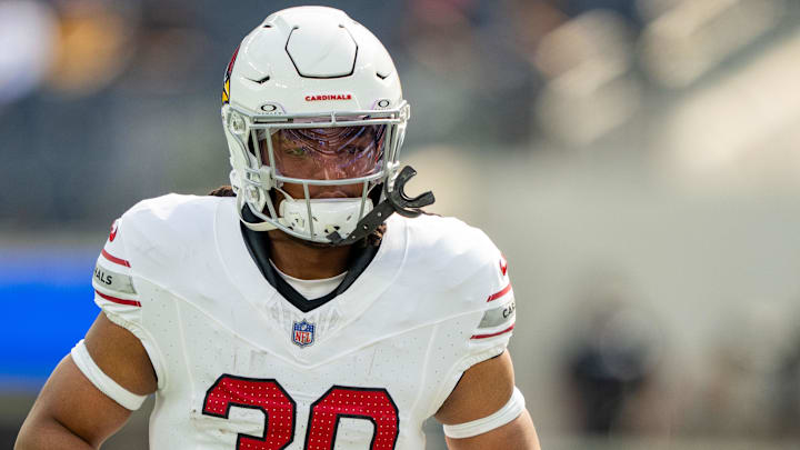 October 15, 2023; Inglewood, California, USA; Arizona Cardinals running back Keaontay Ingram (30) before the game against the Los Angeles Rams at SoFi Stadium. Mandatory Credit: Kyle Terada-Imagn Images