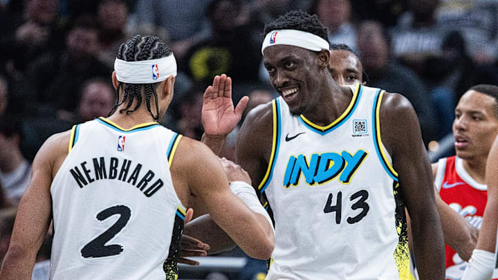 Feb 20, 2025; Indianapolis, Indiana, USA; Indiana Pacers forward Pascal Siakam (43) celebrates a made shot with guard Andrew Nembhard (2) in the first half against Memphis Grizzlies  at Gainbridge Fieldhouse. Mandatory Credit: Trevor Ruszkowski-Imagn Images