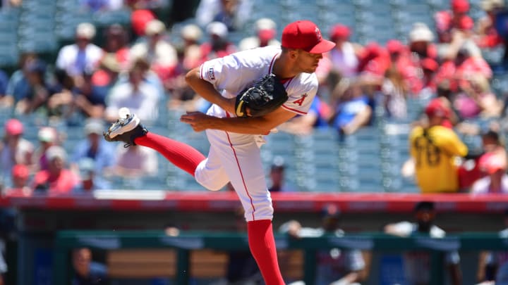 Jun 27, 2024; Anaheim, California, USA; Los Angeles Angels pitcher Tyler Anderson (31) throws against the Detroit Tigers during the first inning at Angel Stadium. Mandatory Credit: Gary A. Vasquez-USA TODAY Sports