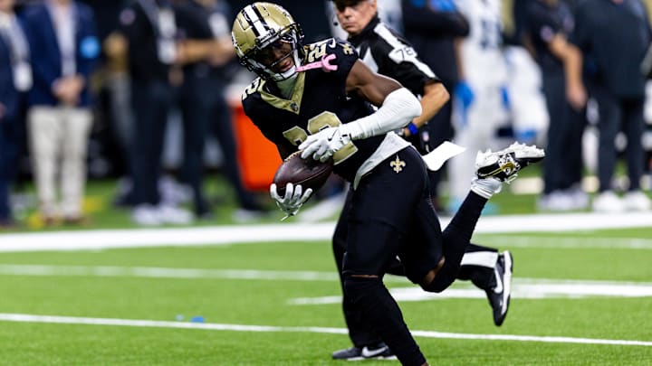 New Orleans Saints wide receiver Rashid Shaheed (22) catches a pass for a touchdown against the Carolina Panthers