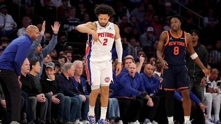 Apr 21, 2025; New York, New York, USA; Detroit Pistons guard Cade Cunningham (2) celebrates his three point shot against New York Knicks forward OG Anunoby (8) during the second quarter of game two of the first round of the 2024 NBA Playoffs at Madison Square Garden. Mandatory Credit: Brad Penner-Imagn Images