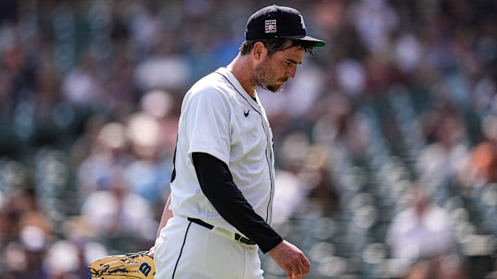 Detroit Tigers pitcher Luke Jackson (49) walks off the field for pitching change against Toronto Blue Jays during the ninth inning at Comerica Park in Detroit on Sunday, July 27, 2025.