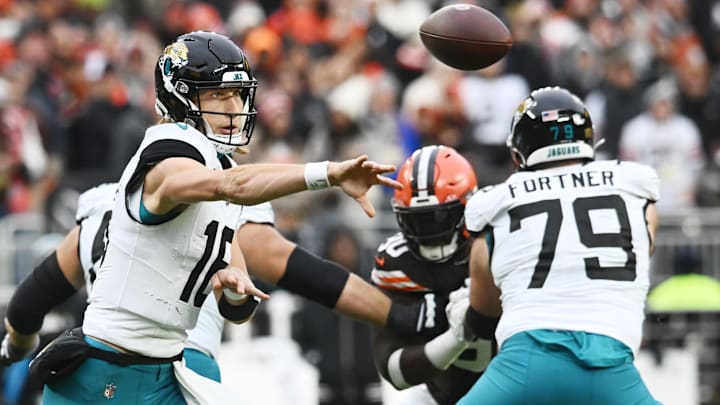 Dec 10, 2023; Cleveland, Ohio, USA; Jacksonville Jaguars quarterback Trevor Lawrence (16) throws a