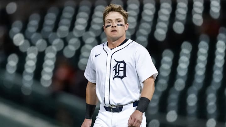 Nov 9, 2025; Mesa, AZ, USA; Detroit Tigers shortstop Kevin McGonigle during the Arizona Fall League Fall Stars Game at Sloan Park. Nov 9, 2025; Mesa, AZ, USA; Detroit Tigers shortstop Kevin McGonigle during the Arizona Fall League Fall Stars Game at Sloan Park.
