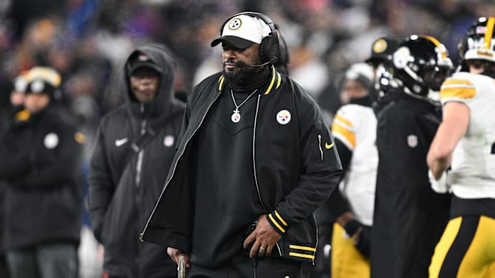 Jan 11, 2025; Baltimore, Maryland, USA; Pittsburgh Steelers head coach Mike Tomlin looks in the third quarter against the Baltimore Ravens in an AFC wild card game at M&T Bank Stadium. Mandatory Credit: Tommy Gilligan-Imagn Images