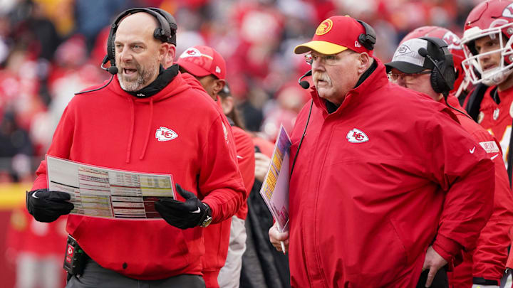 Dec 25, 2023; Kansas City, Missouri, USA; Kansas City Chiefs offensive coordinator Matt Nagy, left, stands next to head coach Andy Ried on field against the Las Vegas Raiders during the second half at GEHA Field at Arrowhead Stadium. Mandatory Credit: Denny Medley-Imagn Images