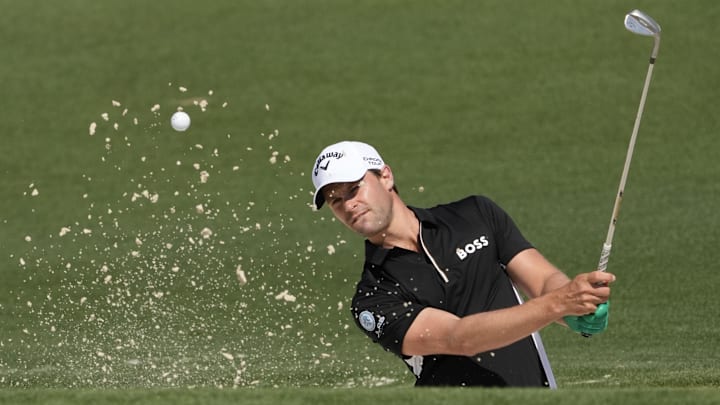 Apr 10, 2025; Augusta, Georgia, USA; Thomas Detry plays from a bunker on the second hole during the first round of the Masters Tournament. Mandatory Credit: Michael Madrid-Imagn Images Apr 10, 2025; Augusta, Georgia, USA; Thomas Detry plays from a bunker on the second hole during the first round of the Masters Tournament. Mandatory Credit: Michael Madrid-Imagn Images