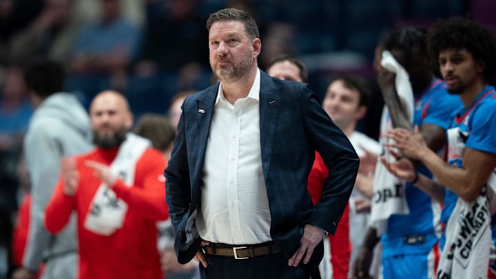 Mississippi coach Chris Beard walks the sideline against Texas during their 2026 SEC Men’s Basketball Tournament game at Bridgestone Arena in Nashville, Tenn., Wednesday, March 11, 2026.