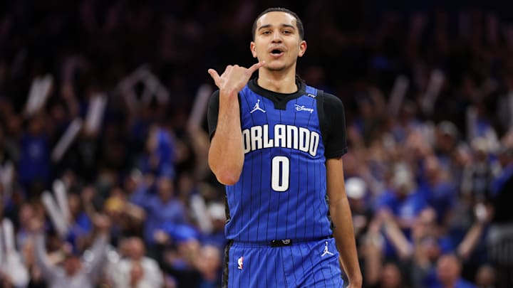 Apr 15, 2025; Orlando, Florida, USA; Orlando Magic guard Anthony Black (0) reacts after making a basket against the Atlanta Hawks in the fourth quarter at Kia Center. Mandatory Credit: Nathan Ray Seebeck-Imagn Images