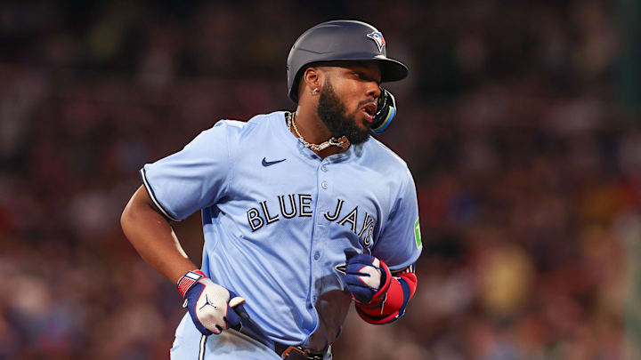 Jun 24, 2024; Boston, Massachusetts, USA; Toronto Blue Jays first baseman Vladimir Guerrero (27) rounds the bases after hitting a three run home run during the seventh inning against the Boston Red Sox at Fenway Park. Mandatory Credit: Paul Rutherford-USA TODAY Sports