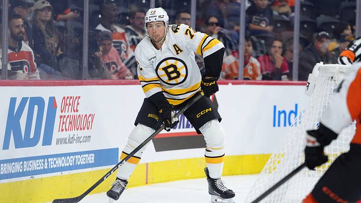 Sep 24, 2026; Philadelphia, Pennsylvania, USA; Boston Bruins defenseman Charlie McAvoy (73) controls the puck against the Philadelphia Flyers in the second period at Xfinity Mobile Arena. Mandatory Credit: Kyle Ross-Imagn Images Sep 24, 2026; Philadelphia, Pennsylvania, USA; Boston Bruins defenseman Charlie McAvoy (73) controls the puck against the Philadelphia Flyers in the second period at Xfinity Mobile Arena. Mandatory Credit: Kyle Ross-Imagn Images