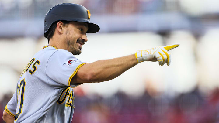 Mar 31, 2026; Cincinnati, Ohio, USA; Pittsburgh Pirates outfielder Bryan Reynolds (10) reacts after hitting a solo home run in the second inning against the Cincinnati Reds at Great American Ball Park. Mandatory Credit: Katie Stratman-Imagn Images