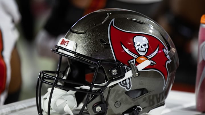 Detailed view of a Tampa Bay Buccaneers helmet at State Farm Stadium.