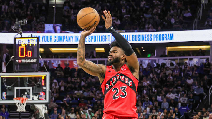 Mar 2, 2025; Orlando, Florida, USA; Toronto Raptors guard Jamal Shead (23) shoots during the second half against the Orlando Magic at Kia Center. Mandatory Credit: Mike Watters-Imagn Images Mar 2, 2025; Orlando, Florida, USA; Toronto Raptors guard Jamal Shead (23) shoots during the second half against the Orlando Magic at Kia Center. Mandatory Credit: Mike Watters-Imagn Images