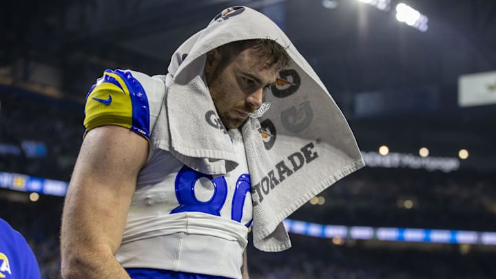Jan 14, 2024; Detroit, Michigan, USA; Los Angeles Rams tight end Tyler Higbee (89) leaves the field after losing a 2024 NFC wild card game against the Detroit Lions at Ford Field. Mandatory Credit: David Reginek-Imagn Images