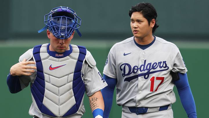 Jun 10, 2026; Pittsburgh, Pennsylvania, USA; Los Angeles Dodgers catcher Dalton Rushing (68) and two-way player Shohei Ohtani (17) make thier way in from the bullpen to play the Pittsburgh Pirates at PNC Park. Mandatory Credit: Charles LeClaire-Imagn Images Jun 10, 2026; Pittsburgh, Pennsylvania, USA; Los Angeles Dodgers catcher Dalton Rushing (68) and two-way player Shohei Ohtani (17) make thier way in from the bullpen to play the Pittsburgh Pirates at PNC Park. Mandatory Credit: Charles LeClaire-Imagn Images