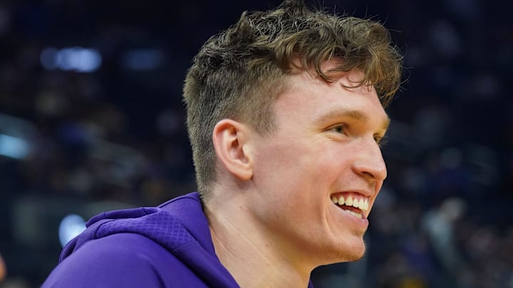 Oct 5, 2025; San Francisco, California, USA;  Los Angeles Lakers forward Dalton Knecht (4) warms up before the game against the Golden State Warriors at Chase Center. Mandatory Credit: David Gonzales-Imagn Images