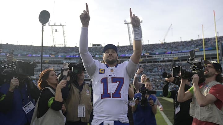 Jan 11, 2026; Jacksonville, FL, USA; Buffalo Bills quarterback Josh Allen (17) after an AFC Wild Card Round game against the Jacksonville Jaguars at EverBank Stadium Jan 11, 2026; Jacksonville, FL, USA; Buffalo Bills quarterback Josh Allen (17) after an AFC Wild Card Round game against the Jacksonville Jaguars at EverBank Stadium
