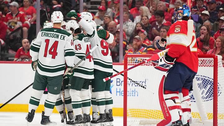 Minnesota Wild's Kirill Kaprizov (97) celebrates a goal with teammates as Florida Panthers goaltender Jacob Markstrom (25) looks on during the first period at Amerant Bank Arena. Mandatory Credit: Jim Rassol-Imagn Images Minnesota Wild's Kirill Kaprizov (97) celebrates a goal with teammates as Florida Panthers goaltender Jacob Markstrom (25) looks on during the first period at Amerant Bank Arena. Mandatory Credit: Jim Rassol-Imagn Images