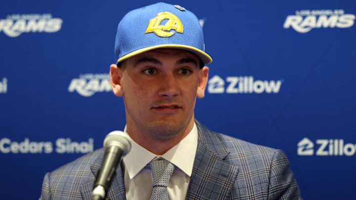Apr 24, 2026; Inglewood, CA, USA;  Los Angeles Rams first-round draft pick Ty Simpson speaks to media during a press conference at Code Next at Hollywood Park. Mandatory Credit: Kiyoshi Mio-Imagn Images